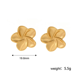 Golden plumeria flower stud earrings in hollow stainless steel with 19.8mm diameter