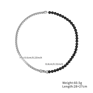Detail der Perlenkette mit 0,6 cm Silberboxkette, 0,8 cm schwarzen Perlen und Magnetverschluss