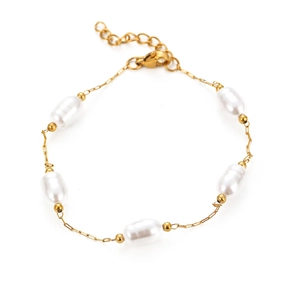 Elegant 18k gold plated stainless steel chain bracelet with five baroque pearls