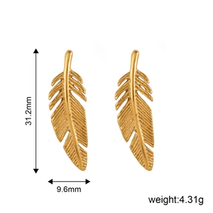 Golden feather-shaped stud earrings with intricate vein textures on a white background