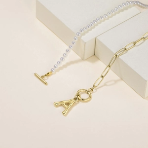 French style pearl and gold chain necklace with capital letter A pendant and OT toggle clasp