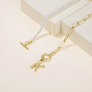 French style gold pearl necklace with paperclip chain and letter K pendant and OT toggle clasp