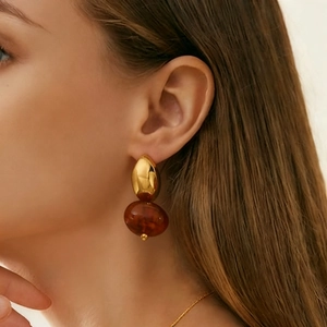 Retro Stainless Steel 18K Gold Plated Dangle Earrings With Amber Resin Water Drop For Women Vintage Jewelry Accessory