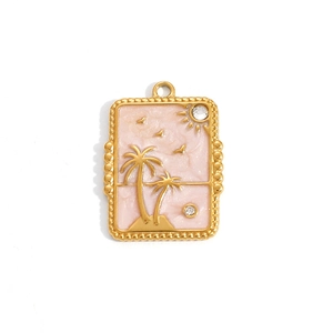 Macro detail of gold rectangle pendant with pink marble enamel and palm tree inlay