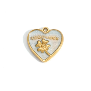Golden heart pendant with marble texture, clover motif and Good Luck engraving for DIY jewelry