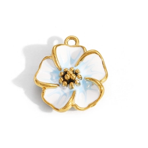 Golden flower charm pendant with blue and white enamel petals for DIY jewelry making