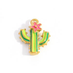 Ciondolo a forma di cactus dorato con smalto e fiore rosa per gioielli fai-da-te