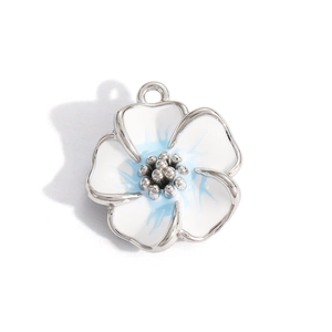 White enamel flower pendant with light blue center and silver beads for DIY jewelry