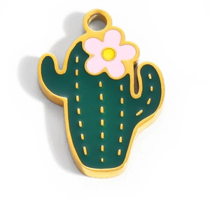 Detailed view of green enamel cactus charm with pink flower and gold plating finish