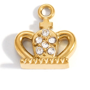 Detailed close-up of a gold crown pendant with five inlaid sparkling crystals
