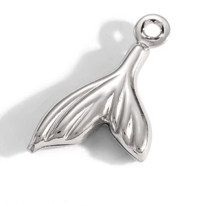 Polished silver whale tail charm with mirror finish and ring for DIY jewelry making