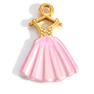 Detail of gold-plated pink enamel dress pendant with pleated texture and hanger design