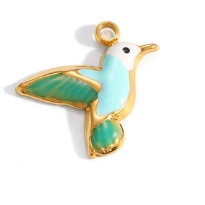 Gold-plated hummingbird pendant with colorful enamel details on a clean white background