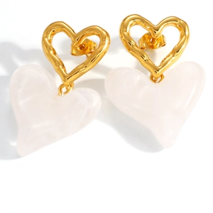 Elegant 18k gold plated stainless steel heart drop earrings with white marble texture