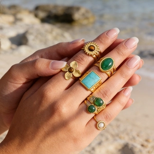 Vintage Stainless Steel Ring Gold Plated Natural Stone Inlaid Sunflower Geometric Adjustable Open Ring Bohemian Jewelry For Women