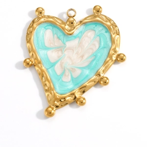 Golden heart pendant with blue enamel, sea wave scale pattern and hammered metal finish