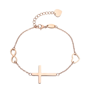 Bracciale in acciaio inossidabile oro rosa con ciondoli infinito, cuore e croce