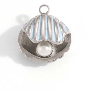 Detail of silver shell pendant with light blue enamel stripes and a white pearl center