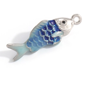 Detailed close-up of a blue enamel fish pendant with scales and silver metal bail