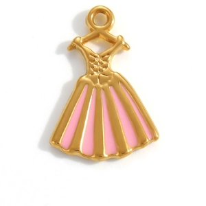 Detail of a gold-plated dress pendant with pink enamel on a tiny decorative hanger