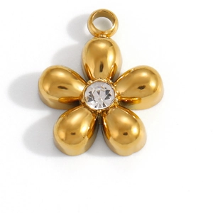 Detailed view of 18k gold plated flower pendant with central sparkling zircon stone