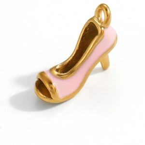Detailed view of a gold-plated high heel pendant with pink enamel for DIY jewelry