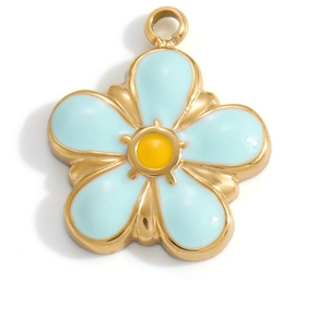 Detailed view of light blue enamel flower pendant with 18k gold plating and top ring
