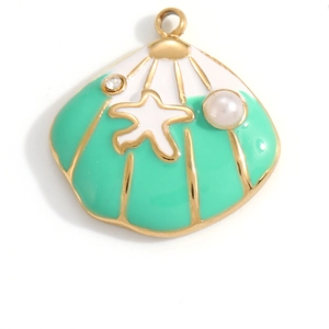 Detail of shell pendant with mint enamel, starfish motif and faux pearl inlay