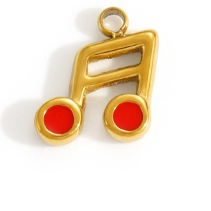 Detail of 18k gold plated double eighth note pendant with red enamel finish