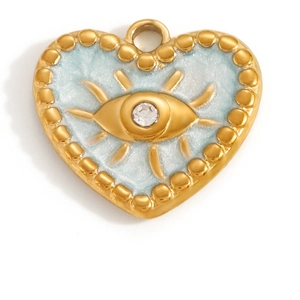 Close-up of heart-shaped evil eye pendant with light blue enamel and sparkling zircon
