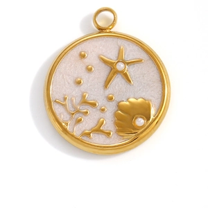 Marine style gold pendant with starfish, seashell, coral and pearls in white resin