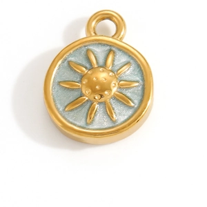 Stainless steel 18k gold plated sun pendant with light blue enamel and 3D relief