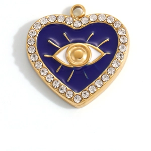 Detailed close-up of heart-shaped evil eye pendant with enamel and white rhinestones