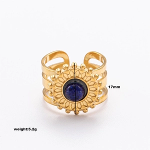 Détail de la bague en acier doré 18K avec pierre vert paon et motif en rayons
