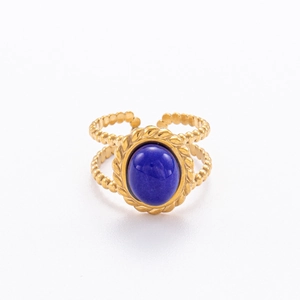 Bague en acier inoxydable plaqué or 18K avec pierre bleue ovale et anneau perlé