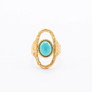 Bague rétro en acier inoxydable plaqué or 18K avec turquoise et texture martelée