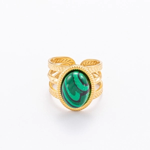Bague ajustable en acier plaqué or 18K avec anneau triple et pierre ovale en malachite verte