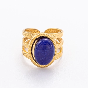 Bague en titane plaqué or 18 carats avec pierre ovale vert paon et anneau texturé chic