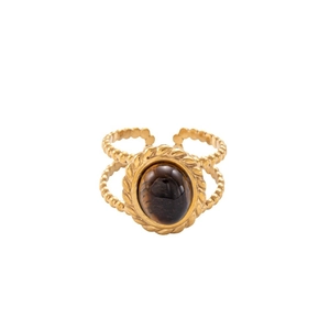 Bague rétro en acier inoxydable doré 18 carats avec œil de tigre ovale et anneau perlé