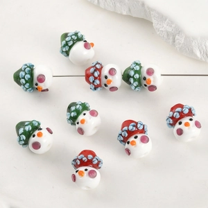 Handmade Christmas snowman glass beads with red and green hats for DIY jewelry making