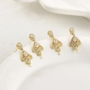 14k gold plated lace ear studs with cubic zirconia and pearl holder for DIY jewelry making