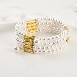 Elegant 14k gold plated four-layer pearl bracelet with engraved magnetic beads and charms