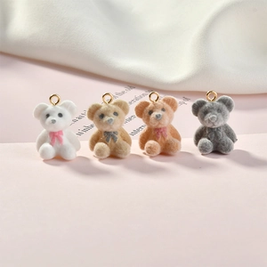 Mini Flocked Bear Pendants For DIY Jewelry Making Cute Resin Teddy Bear Charms For Earrings Keychains Handmade Accessories