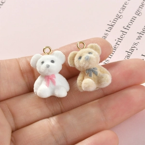 Mini plush flocked teddy bear charms with golden loops for DIY jewelry making accessories