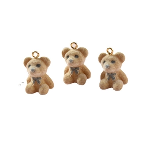 Three mini brown flocked bear charms with grey bows and gold metal loops for DIY jewelry