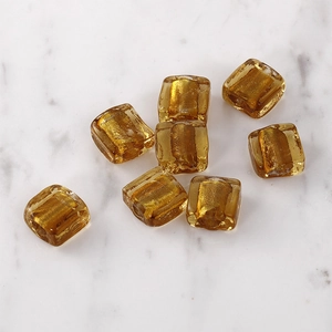 Square amber glass beads with gold foil texture for DIY jewelry making and crafts