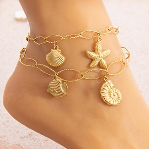 Stainless Steel Ocean Theme Charm Anklet 18K Gold Plated Initial Letter Starfish Shell Fish Snail Beach Jewelry For Women