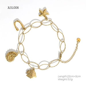 Detail of 18K gold plated stainless steel anklet with ocean themed sea life charms