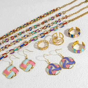 18K Gold Plated Stainless Steel Colorful Enamel Jewelry Set Woven Geometric Drop Earrings Open Rings Chain Bracelets Women