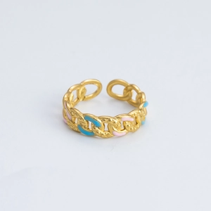 18k gold plated chunky chain ring with blue and pink enamel flower details